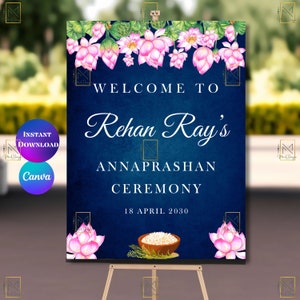Blue Weaning welcome sign First Rice Feeding Ceremony Sign Annaprashana Decoration Annaprashan Welcome Sign Pasni welcome sign Canva