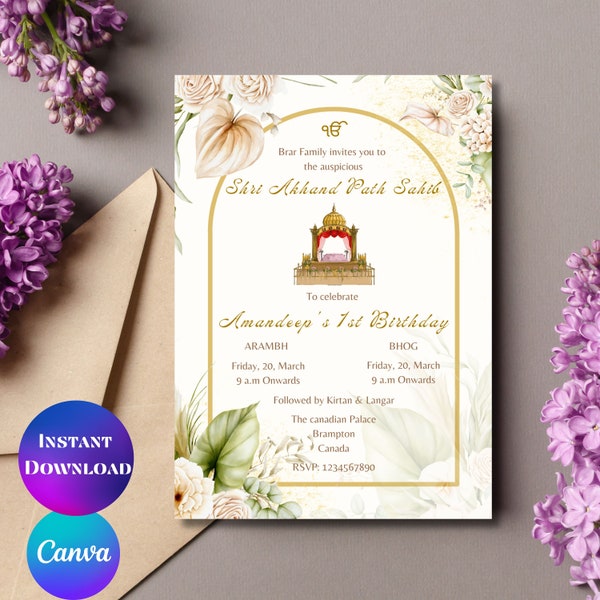 Shri Akhand Path invitation 1st birthday path invite Shri Sukhmani Sahib Path Digital Akhand path invite Akhand Path birthday invitation