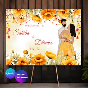 Panneau de bienvenue Haldi pour couple Panneau de bienvenue Haldi pour couple Signalétique haldi Signalétique Pithi Panneau Maiyan Panneau haldi Signalétique Holud Toile modifiable