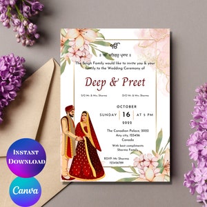 Invitación de compromiso sikh Invitación de recepción sikh Invitación de boda sikh digital Invitación de boda punjabi Tarjeta de compromiso y recepción punjabi