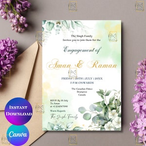 Eucalyptus Indian engagement invitation template Hindu Roka ceremony invitation card Digital Ring ceremony invitation template Canva