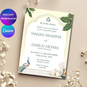 Elegante cartão de convite de casamento indiano Pavão Cartões de casamento hindu Cartão de casamento indiano Convite de casamento hindu Convites de casamento hindu Canva