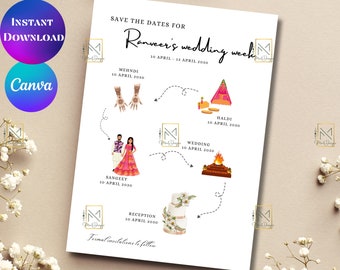Indian Save the Date event timeline announcement template digital Hindu Save the date card Indian wedding timeline invitation card