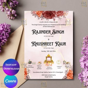 Convite de casamento Sikh digital Cartão de casamento Sikh Convite de casamento Sikh Cartão de casamento Punjabi Convite de casamento Punjabi Anand Karaj convite
