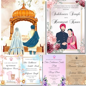 Modelos personalizáveis para convites de casamento digitais indianos, hindus, punjabi, sikh, Roka, Sangeet Jago, Mehndi Jaggo, convites