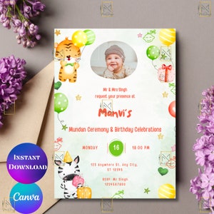 Modèle d'invitation à la cérémonie photo verte de Mundan Carte d'invitation commune de Mundan et d'anniversaire Modèle d'invitation de tonsure numérique modifiable sur toile