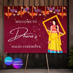 Welcome to Haldi Signs Haldi Welcome Signs Haldi signages Pithi signages Haldi decoration Haldi decor sign Holud signages Canva editable