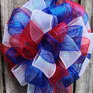 Patriotic Bows, Tree Topper, Red White Christmas Bow, Outdoor Home, Gift Bow Decor, Ornaments, Door Hanger, Wreath Bows, 4th of July, Porch
