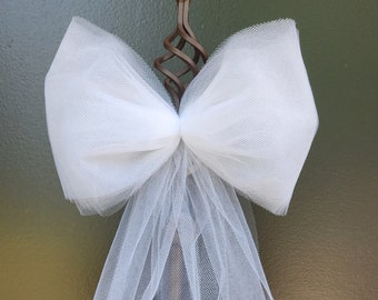 Tulle Bow, White Tulle Bows for Wedding Church Pews, Ceremony Chairs, Wreath Tulle Bows, Baby Shower for Boy or Girl, Basket Ribbon Bows.