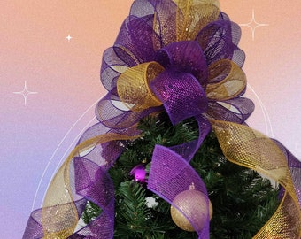 Purple Gold Bow, Purple Golden Bows, Large Deco Mesh Ribbon Knots Twist Tie Outdoor Decorative Accent, Indoor Home Decor, Wreath Attachment
