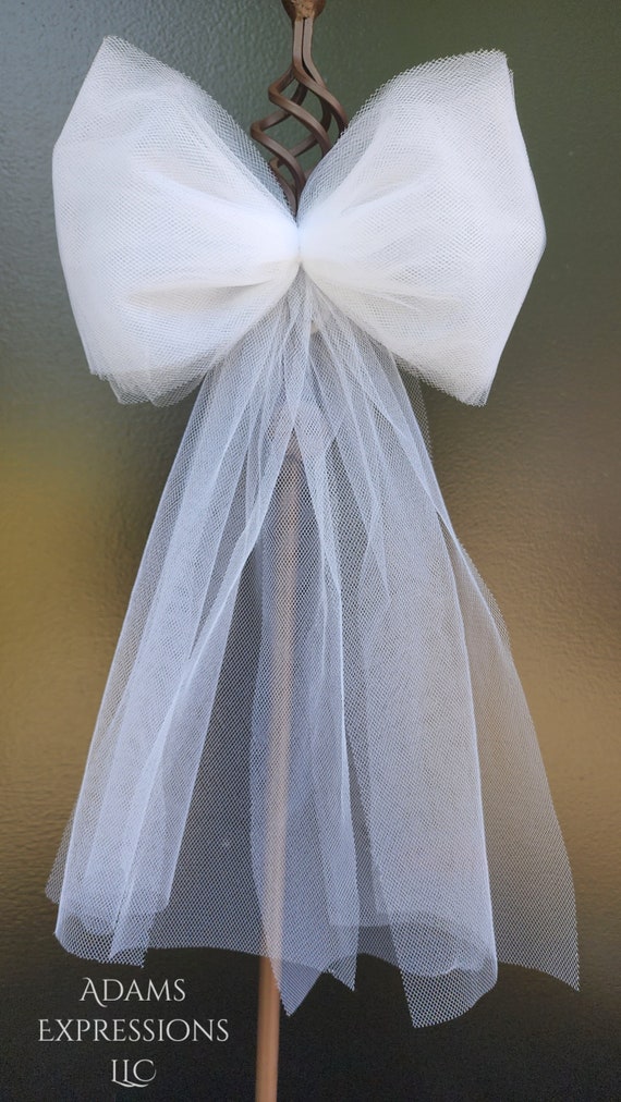 Tulle Bow, White Tulle Bows for Wedding Church Pews, Ceremony Chairs,  Wreath Tulle Bows, Baby Shower for Boy or Girl, Basket Ribbon Bows. 