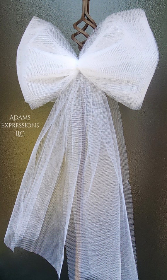Tulle Bow, White Tulle Bows for Wedding Church Pews, Ceremony Chairs,  Wreath Tulle Bows, Baby Shower for Boy or Girl, Basket Ribbon Bows. 