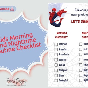 Super Hero Routine, Morning and Nighttime Checklist, Kids Routine, Spider-Man, Spiderman, Marvel, Super Heroes, Kids Decor, Digital Prints
