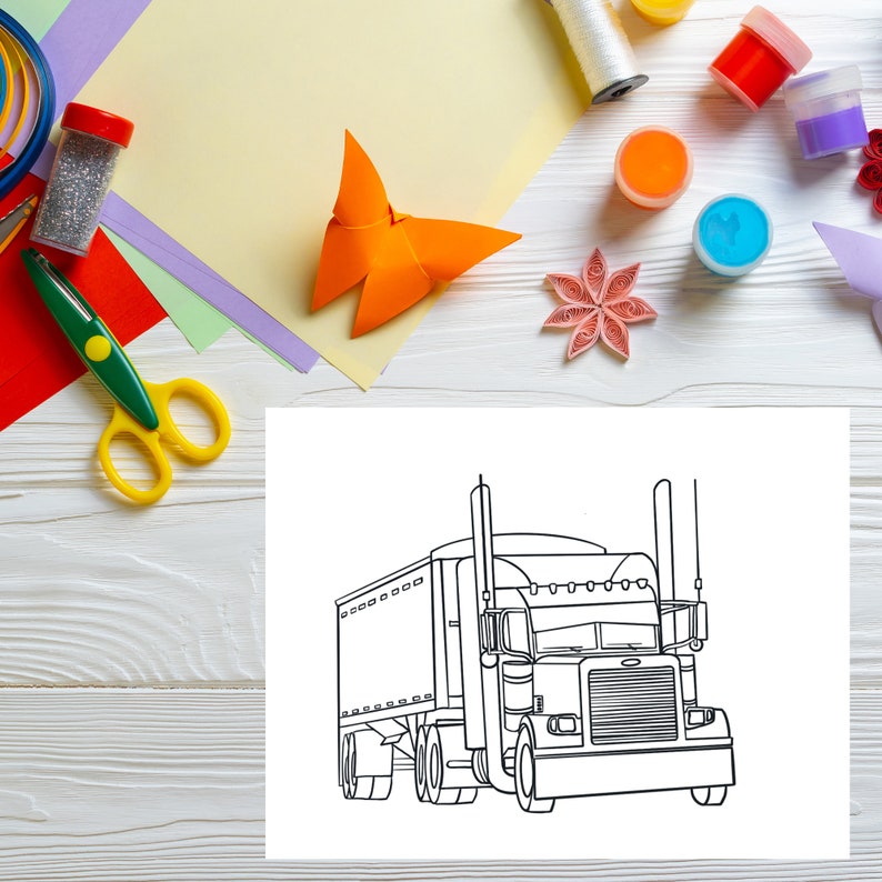 Bundle 2 - 5 Printable Semitruck Big Rig Coloring Pages, 5 Semi Truck