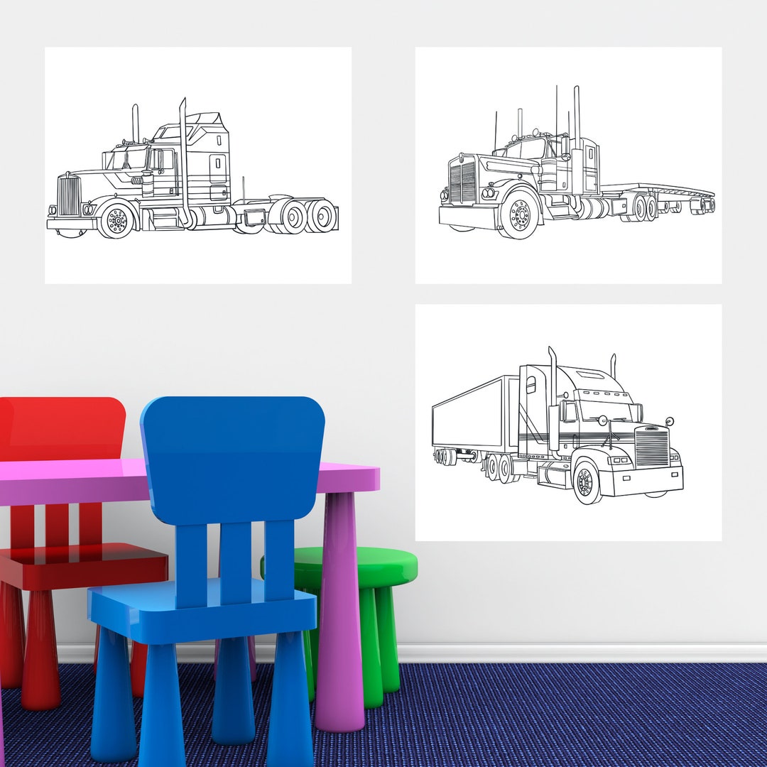 Bundle 3 - 5 Unique Printable Semi Truck Big Rig Coloring Pages, 5 Semitruck Colouring Pages ...