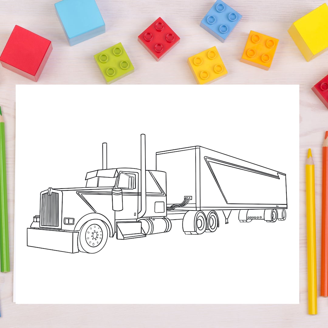 Bundle 2 - 5 Printable Semitruck Big Rig Coloring Pages, 5 Semi Truck