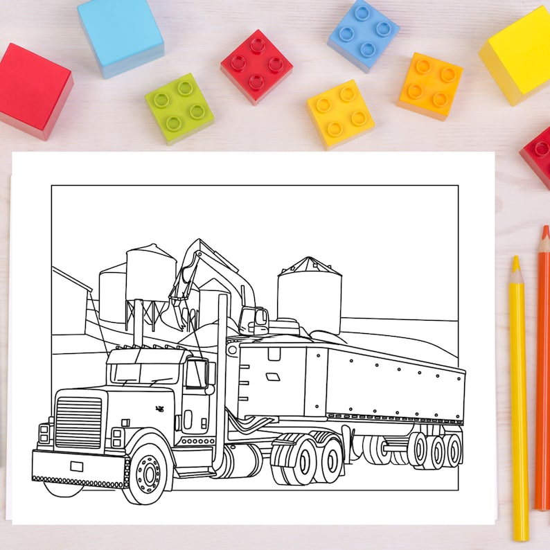 Printable Semi Truck Coloring Pages, Big Rig Coloring Pages, Digital