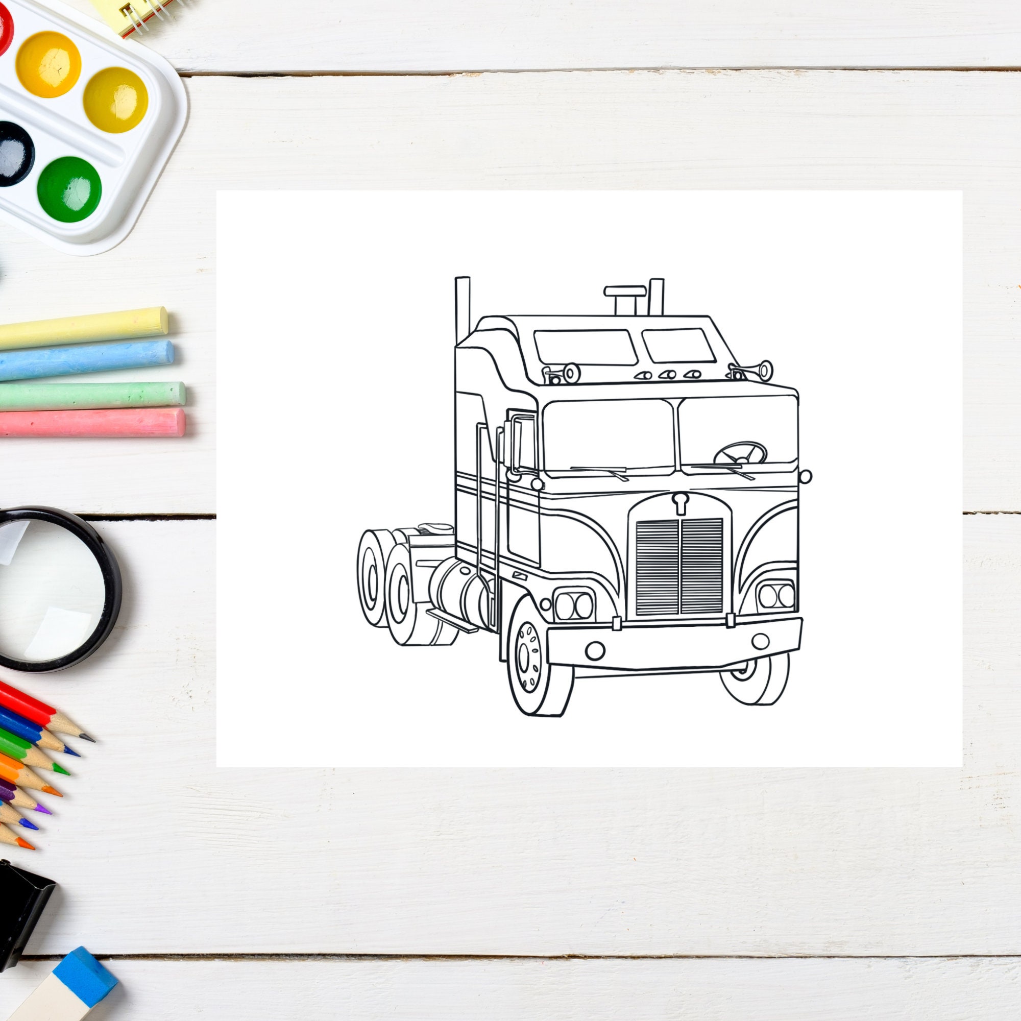 Bundle 2 - 5 Printable Semitruck Big Rig Coloring Pages, 5 Semi Truck