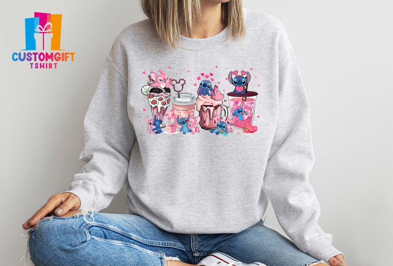 Stitch And Angel Sweatshirt, Hot Drinks Shirt, Couple Sweatshirt, Disney Shirt, Valentine's Day Shirt, Love Shirt, Coffee Sweatshirt image 1