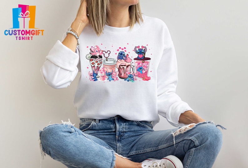 Stitch And Angel Sweatshirt, Hot Drinks Shirt, Couple Sweatshirt, Disney Shirt, Valentine's Day Shirt, Love Shirt, Coffee Sweatshirt image 2