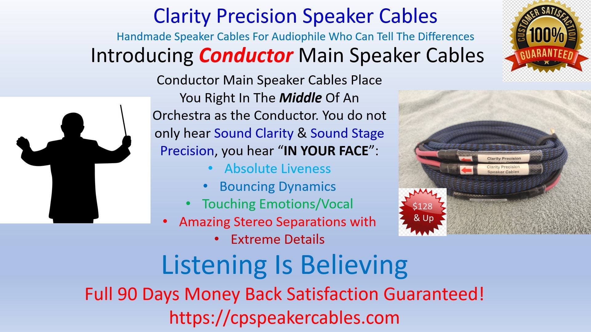 Clarity Precision Conductor Series Main Speaker Cables Handmade for
