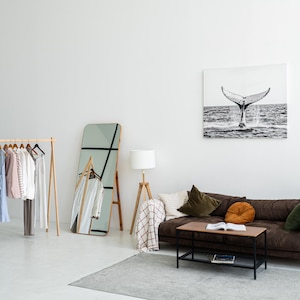May include: A modern living room with a brown sofa, a wooden clothes rack with various garments, a large mirror, and a black and white whale tail art piece. A wooden lamp and a small table complete the scene.