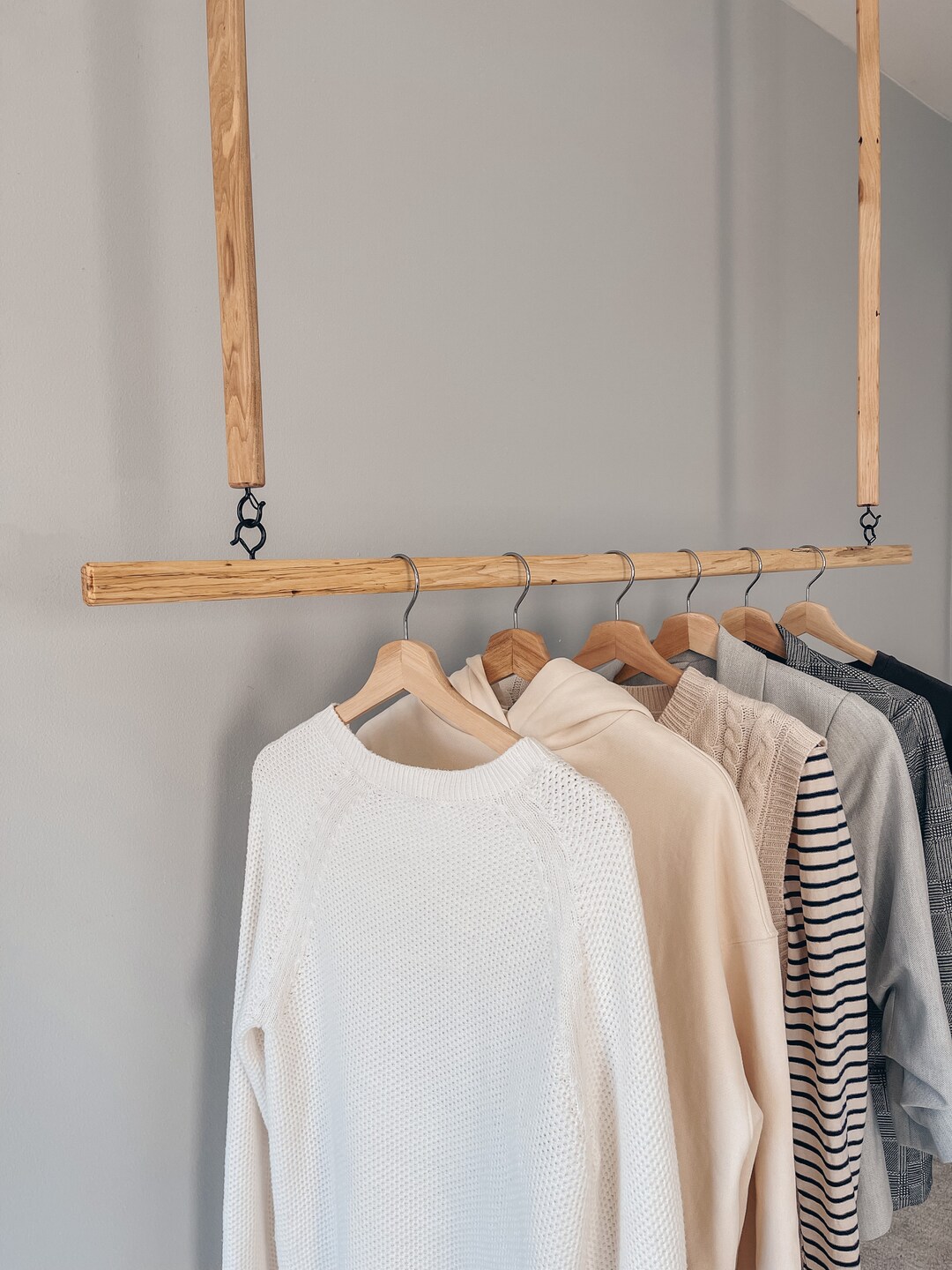 Hanging Wood Clothes Rack Ceiling Mounted Hanging Clothes Etsy