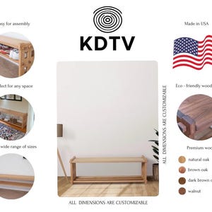 May include: A light-coloured wooden shoe bench with two horizontal shelves and a rectangular top surface. The text KDTV is displayed at the top. The image includes circular insets showing the bench in use, the wood finish, and colour options including natural oak, brown oak, dark brown oak, and walnut.