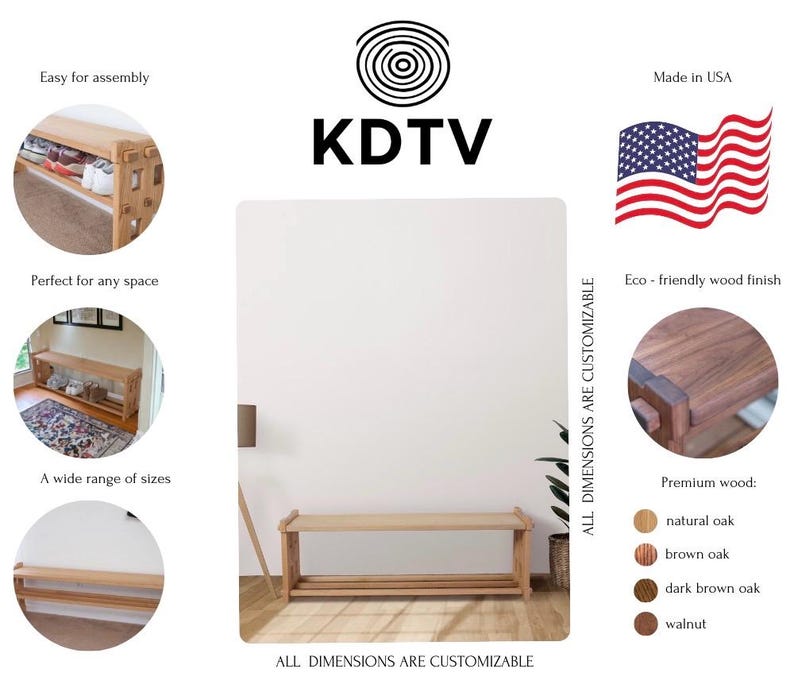 May include: A light-coloured wooden shoe bench with two horizontal shelves and a rectangular top surface. The text KDTV is displayed at the top. The image includes circular insets showing the bench in use, the wood finish, and colour options including natural oak, brown oak, dark brown oak, and walnut.