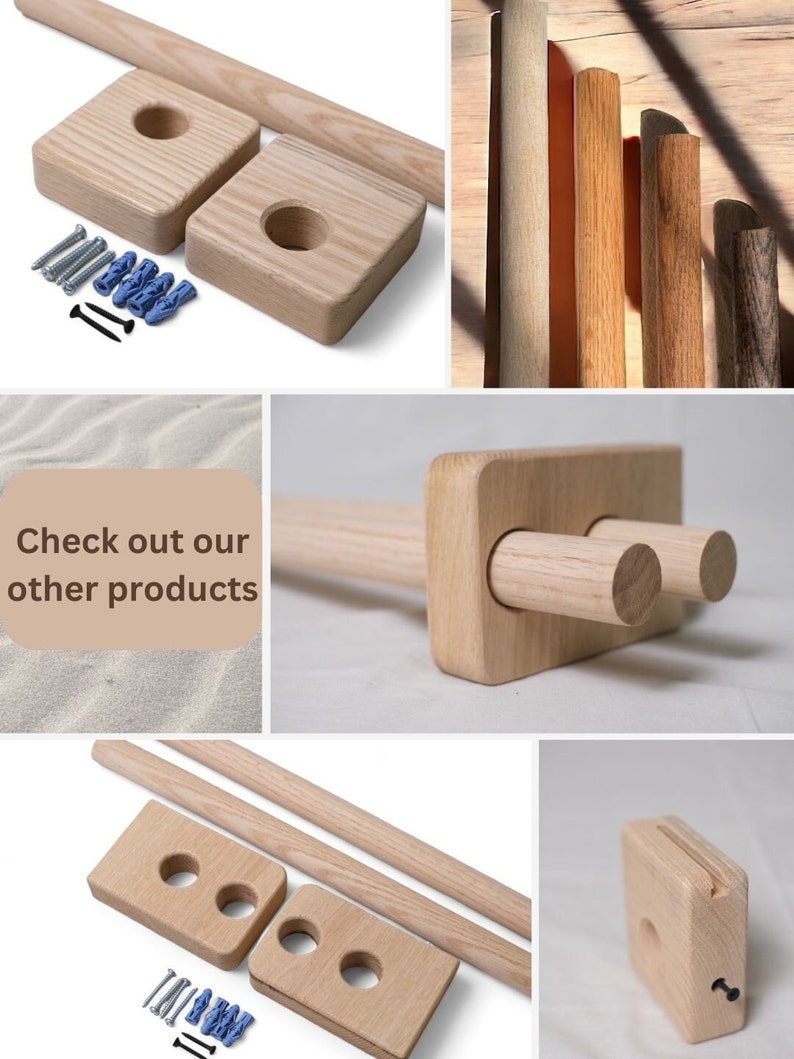This collage showcases a wooden curtain rod, featuring two square brackets with circular cutouts, a wooden dowel, screws, wall plugs, and assembly tools. The set also highlights various wood finish options, such as lighter and darker tones.