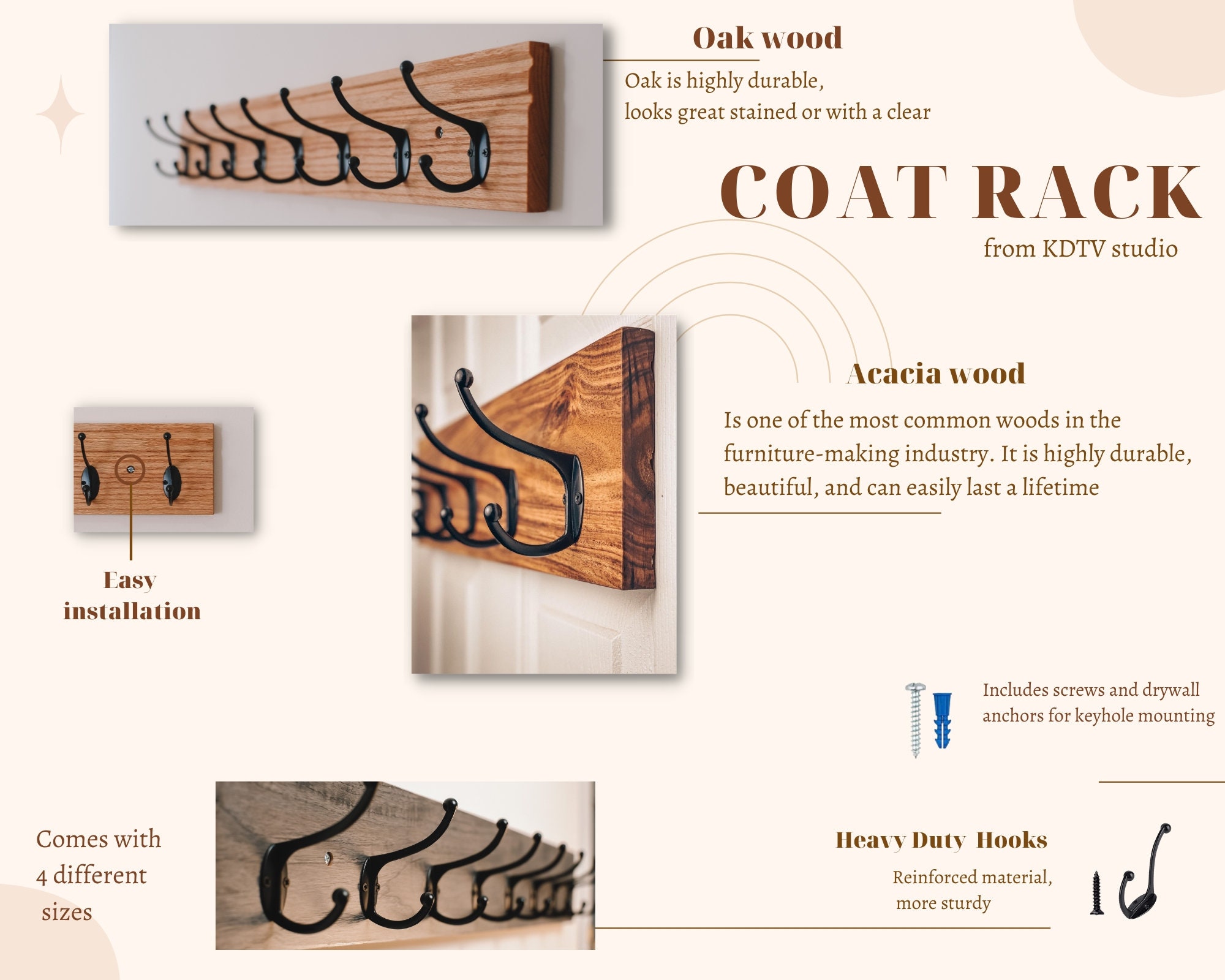Heavy Duty Wooden Wall Hooks, For Coats & More