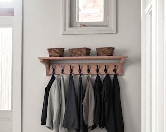 Oak Wall Shelf with Hooks, Natural Wood Coat Rack, Entryway Shelf with Hooks, Wooden Wall Mounted Shelf, Mudroom Wall Organizer