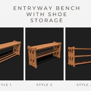 May include: An entryway bench with shoe storage featuring three distinct designs labeled Style 1, Style 2, and Style 3. Each bench is constructed from light brown wood with a slatted seat and open shelving for footwear, displaying the text ENTRYWAY BENCH WITH SHOE STORAGE at the top.