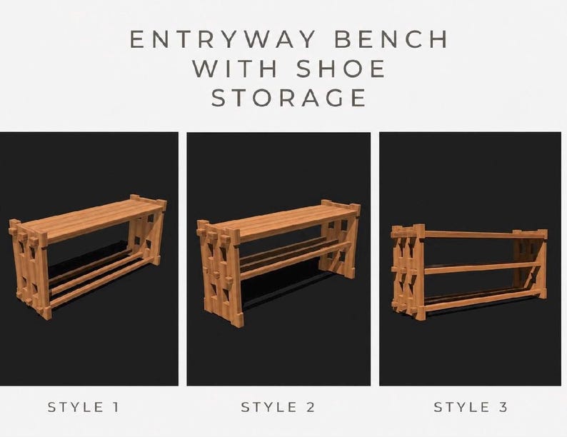 May include: An entryway bench with shoe storage featuring three distinct designs labeled Style 1, Style 2, and Style 3. Each bench is constructed from light brown wood with a slatted seat and open shelving for footwear, displaying the text ENTRYWAY BENCH WITH SHOE STORAGE at the top.