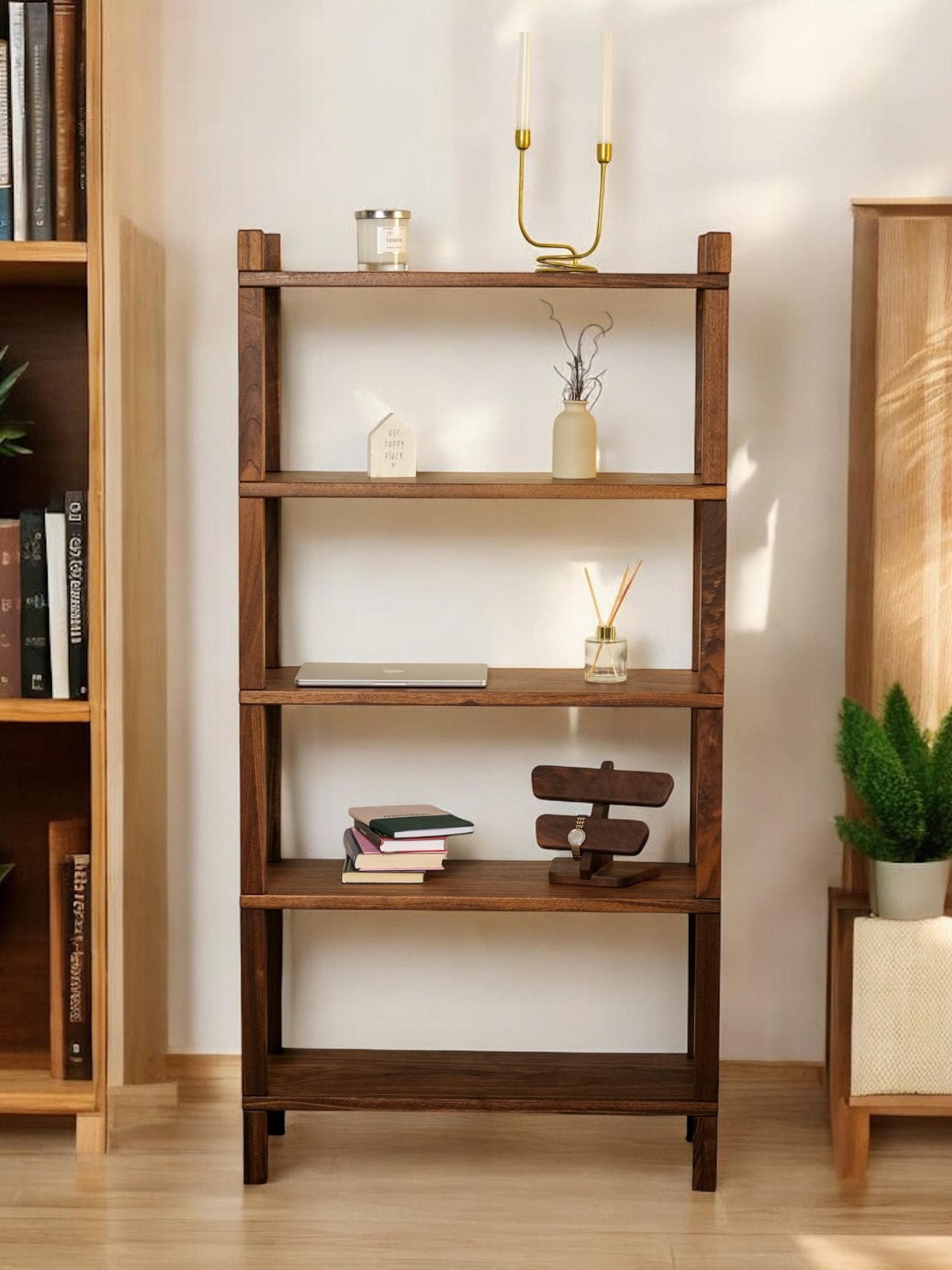 Walnut Wood Shelf, Bookshelf With Solid Wood, Bookcase, Open