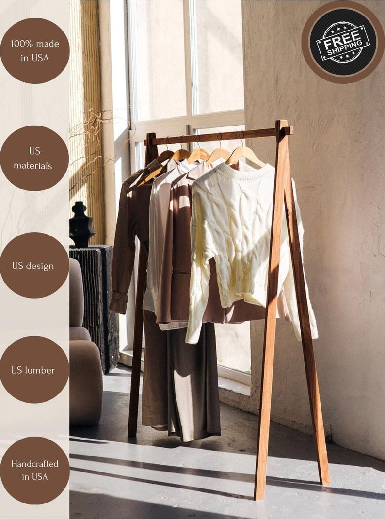 Beautiful ash wood clothing rack with a smooth, natural finish. Easy, tool-free assembly. Displaying neutral-toned clothes in soft sunlight, this rack adds a cozy, minimalist touch to any room. Ideal for showcasing your favorite pieces.