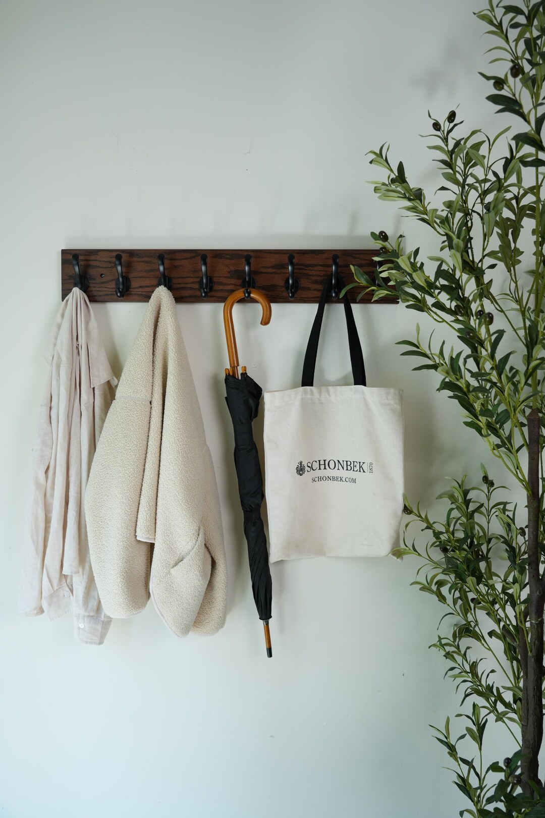 Espresso Oak Coat Rack With Hooks – Wall Mounted Wooden Entryway