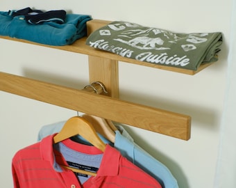 Clothes Storage with Shelf, Wall-Mounted Clothes Hanger, Wooden Clothing Rack, Oak Hanger, Minimal Clothes Stand,Clothing Rack, Wood Storage