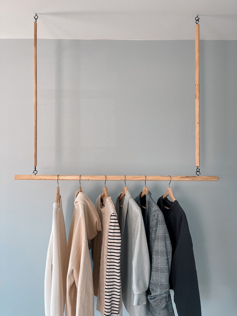 Hanging Wood Clothes Rack Ceiling Mounted Hanging Clothes Etsy
