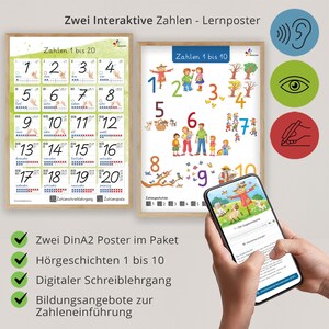Números del 1 al 20 – 2 carteles didácticos en DinA2 – paquete con audiocuentos y curso de escritura