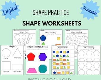 Shape Worksheets - Practice - Shape Hunt - Matching - Counting - Tracing - Printable PDF