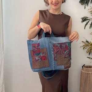 Gerecycleerde spijkertas met zakken, ontworpen over de schouder of in de hand, patchwork denim draagtas, gerecyclede boodschappentas,