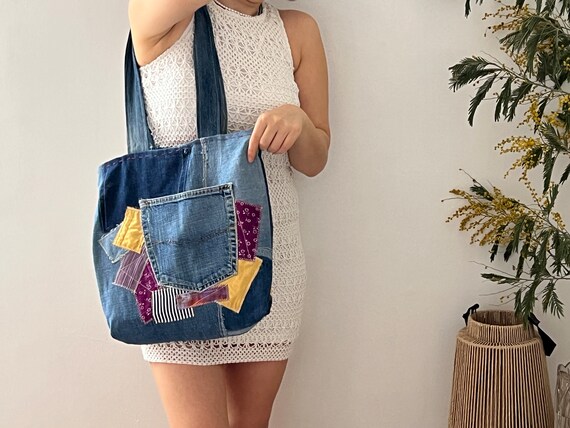 Casual Medium Jeans Bag / Upcycled Denim Bag / Patchwork Denim 