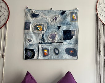 Modern Denim Patchwork Wall Hanging, Upcycled Jean Wall Decor