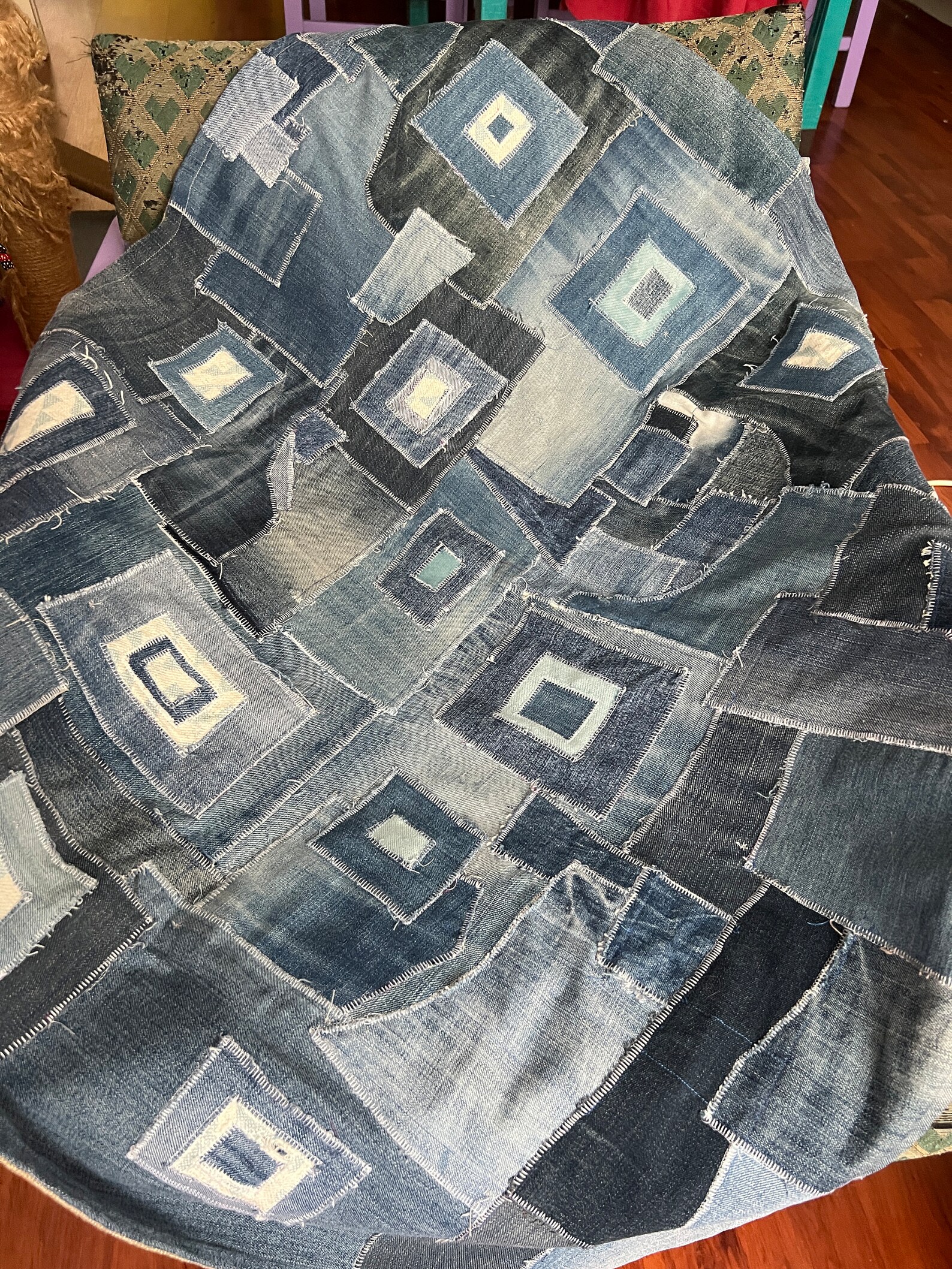 Modern Denim Quilt Patchwork Wall Hanging, Can Be Used as A Small Rug