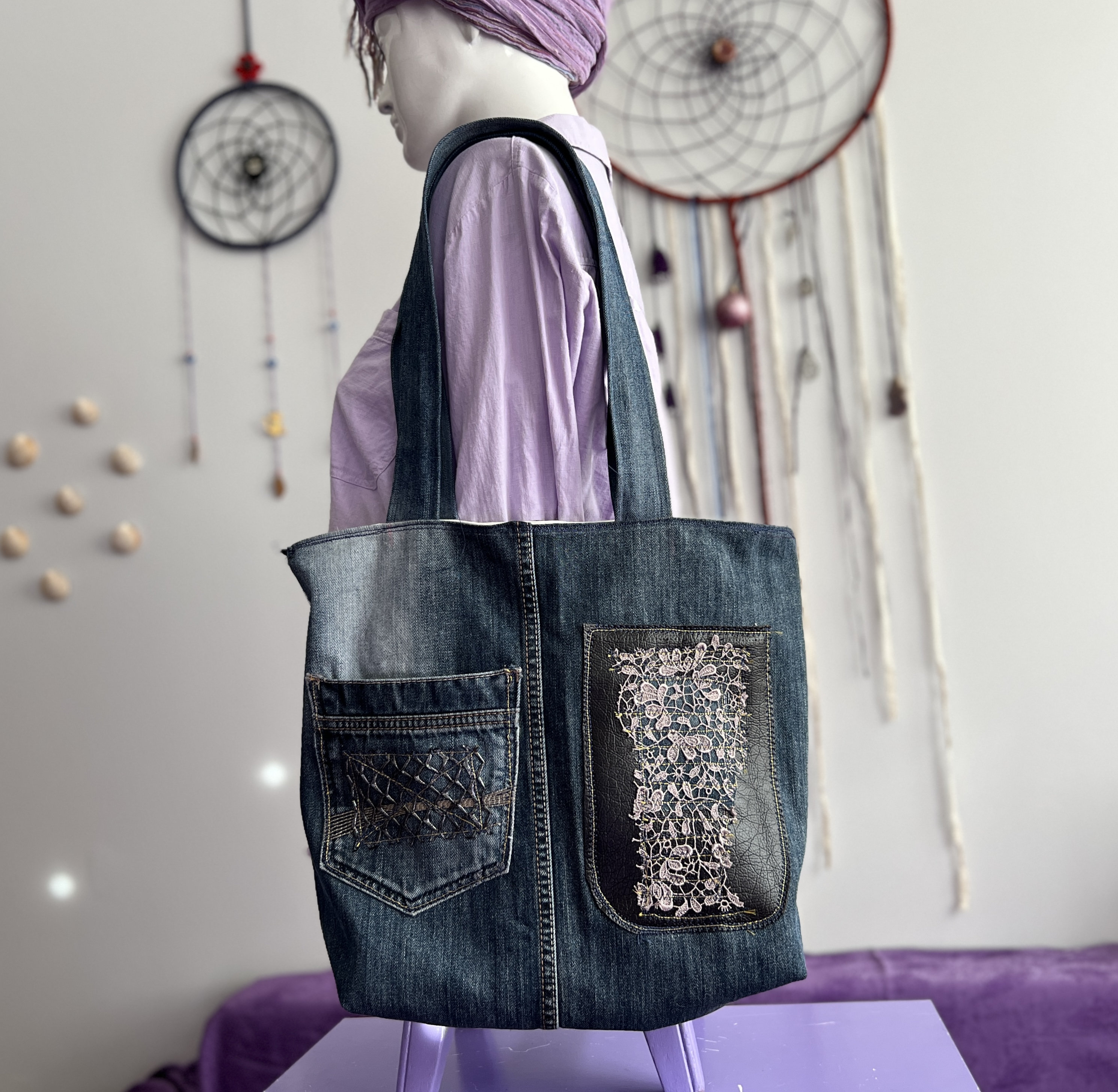 Denim and Lace Handbag, Casual Medium Jeans Bag, Upcycled