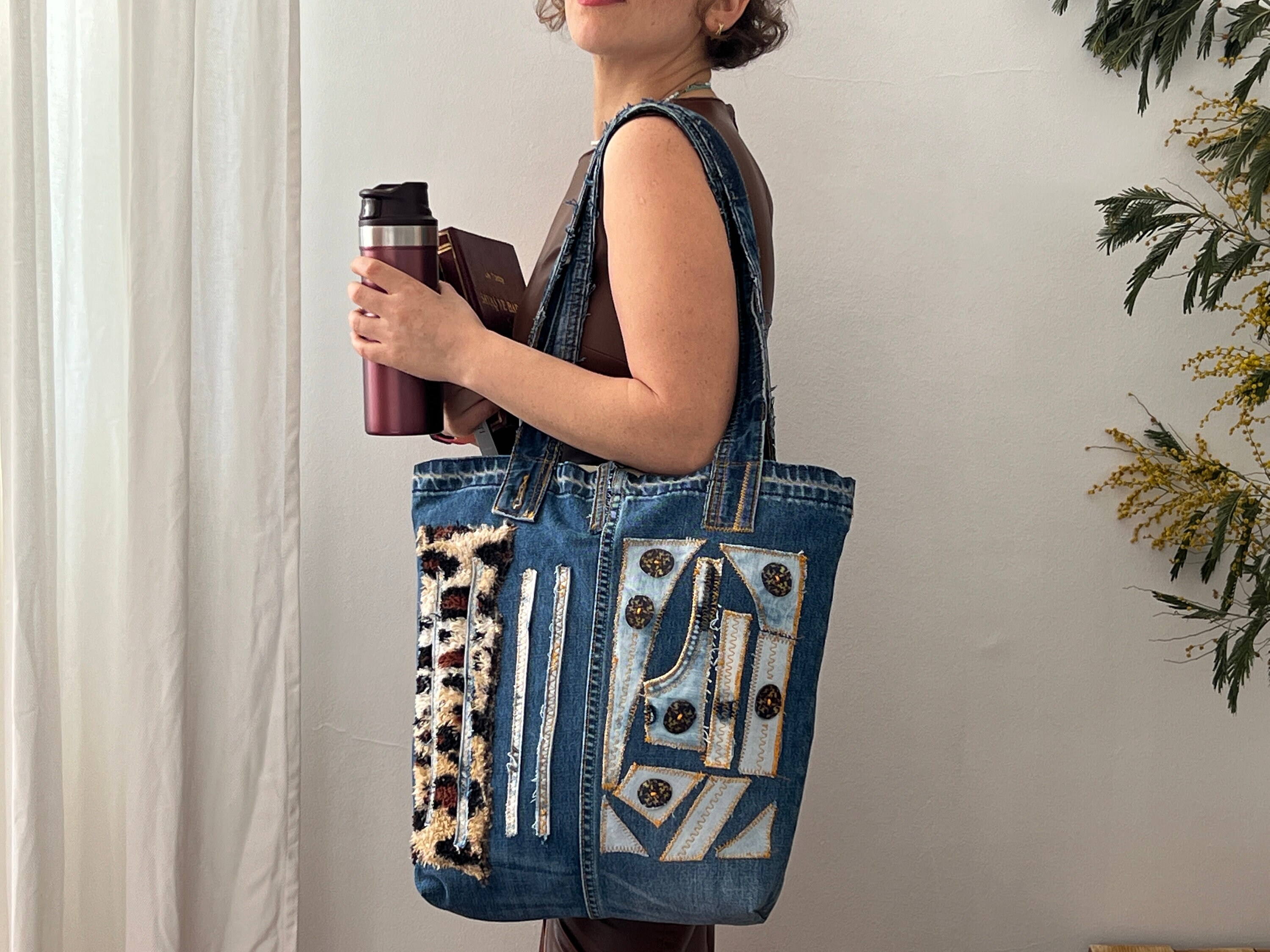 Handmade Denim Bag With Leopard Design and Buttons, Jean Handmade Denim Bag With Leopard Design and Buttons, Jean