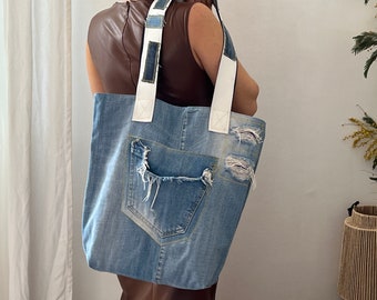 Borsa a tracolla in denim riciclato: borsa tote in jeans riciclati