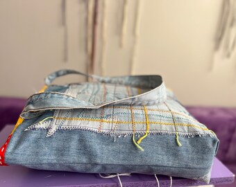 XXL Denim Rainbow Tote Bag - Handmade Upcycled Blue Jeans
