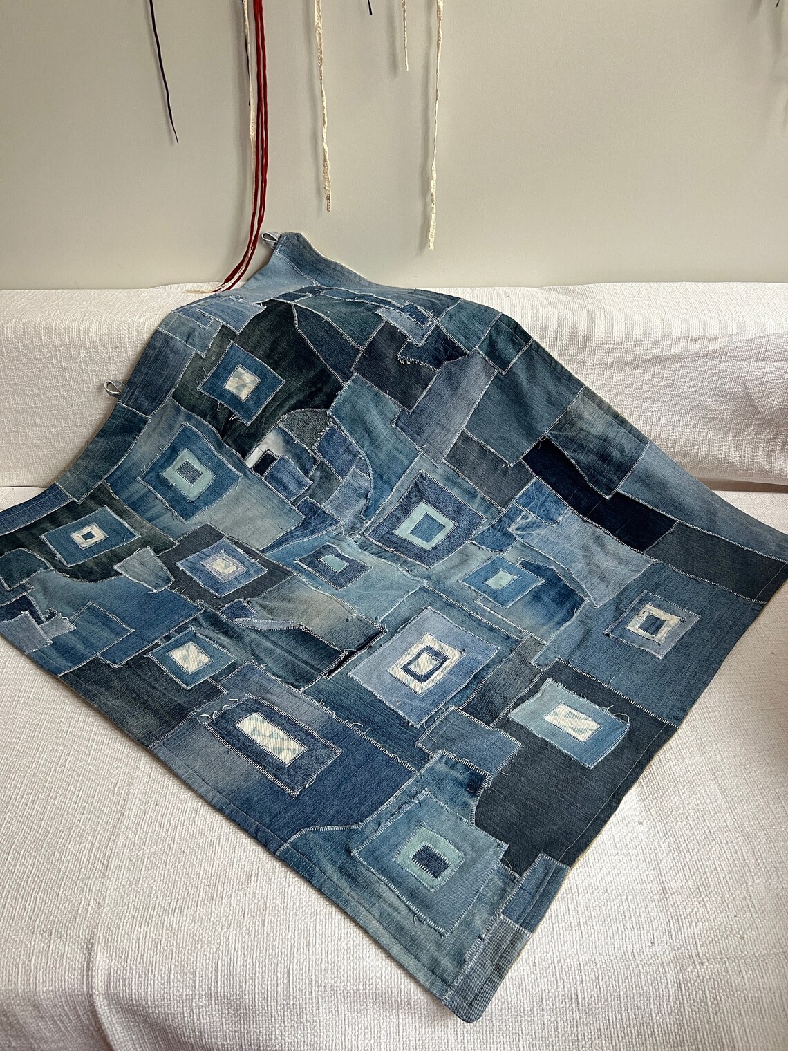 Modern Denim Quilt Patchwork Wall Hanging, Can Be Used as A Small Rug